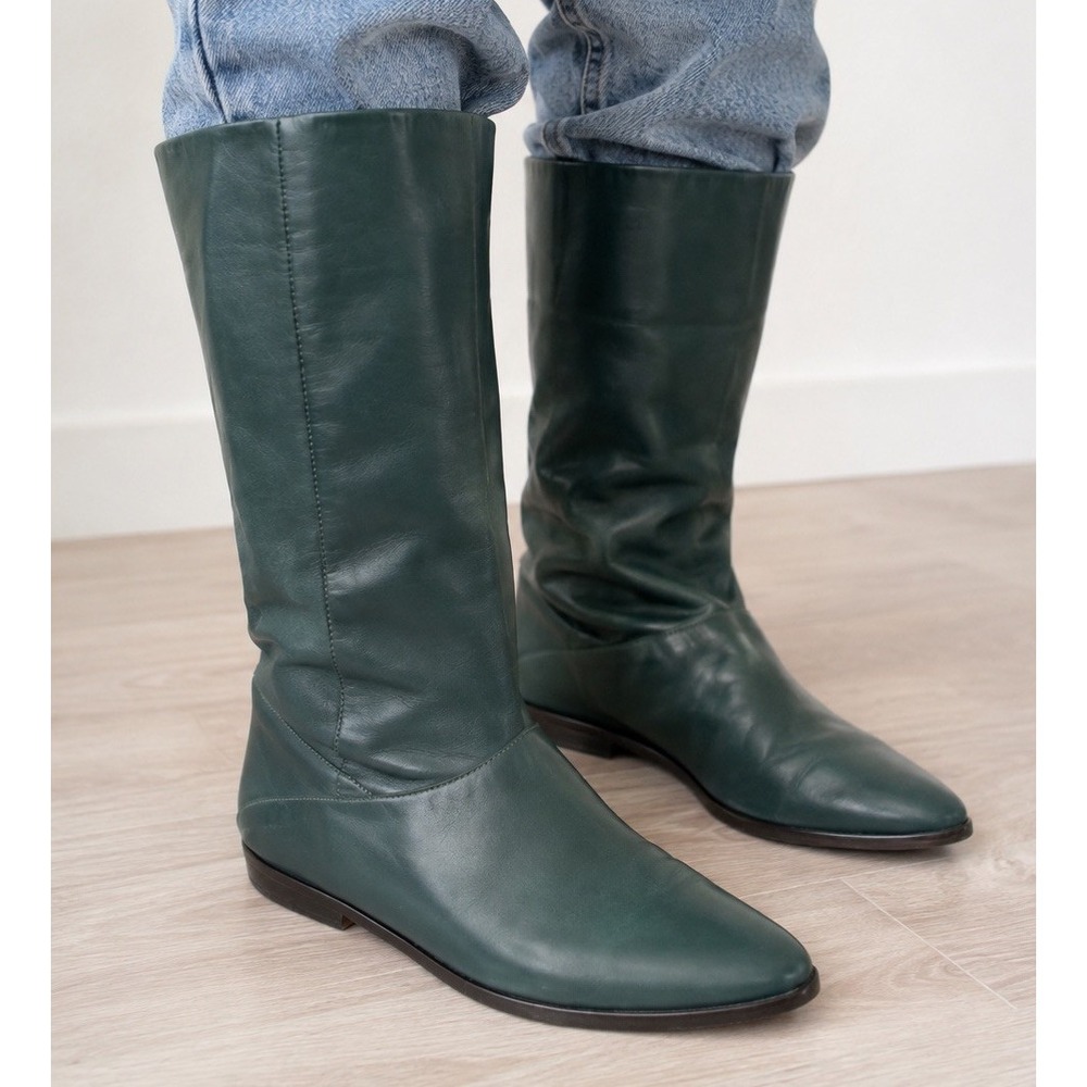 9 West Womens 80s Vintage Phoebe Green Leather Pointed Toe Flat Boots Size 6.5M